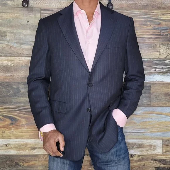 Hickey Freeman Bespoke Wool Blend Navy Blue Striped Blazer Sport